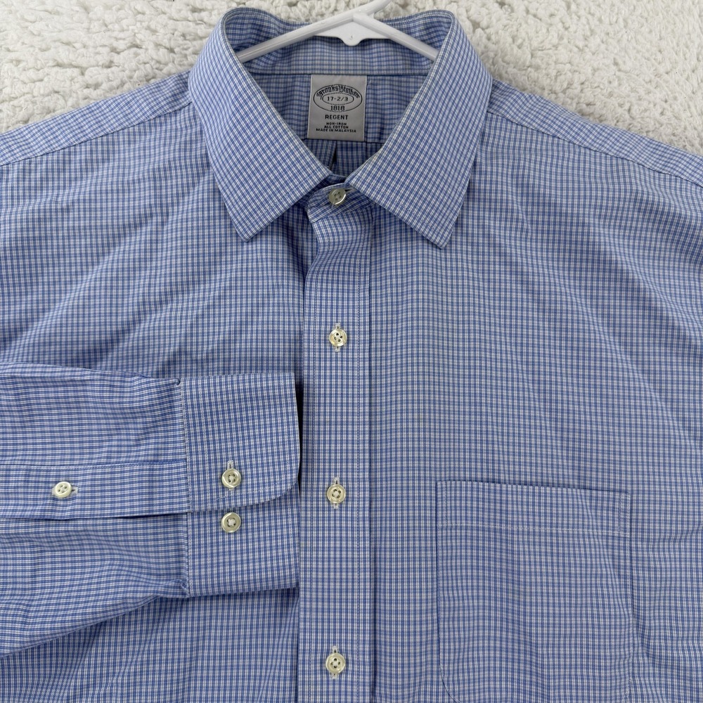 Brooks Brothers Shirt Mens 17 32/33 Blue Gingham Regent 1818 Non Iron Dress